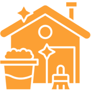 Orange house with plant and broom icon.