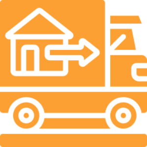 Moving truck icon with house and arrow.