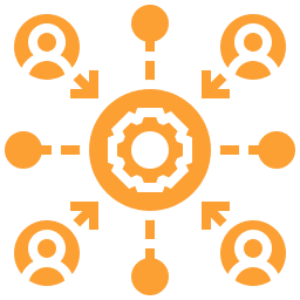 Network diagram with gear and people icons.